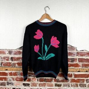 Vintage Gotham Sweater Size Medium Black Pink Crewneck Pullover Flowers Cute 90s